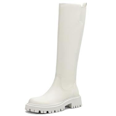 Imagem de TEAIEUI Botas femininas na altura do joelho, modernas, plataforma, sola saliente, botas de equitação, confortáveis e elásticas, botas longas, Bege liso, 38 BR