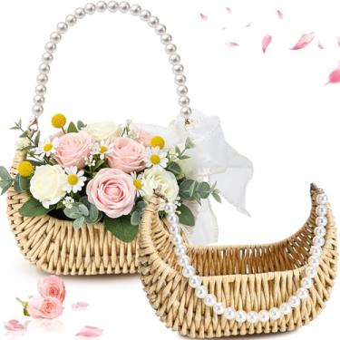Imagem de Ebrima 2 peças de cesta de daminha de flor, cesta de vime de vime com fita, cestas de flores rústicas para casamentos, decoração de festa de aniversário de casamento