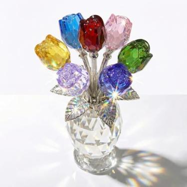 Imagem de Rotroyce Elegante estatueta rosa de cristal com caixa de presente – escultura floral de vidro K9 colorida – decoração de casamento feita à mão e presente de flor eterna para mulheres, mãe, esposa