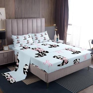 Imagem de Jogo de cama Queen Cowgirls, laço rosa com estampa de vaca e botas de caubói bonito desenho de laço azul 4 peças com elástico, lençol de cima e 2 fronhas, decoração de quarto de meninas e mulheres