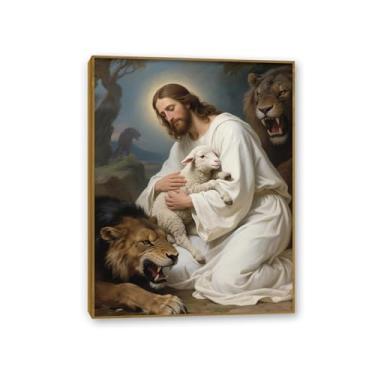 Imagem de Arte de parede em tela rosto cristão de Jesus impressões de leão e cordeiro decoração de parede pintura religiosa imagens de igreja para sala de estar 50 x 40 cm (20 x 16 polegadas) moldura dourada