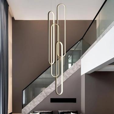 Imagem de Lustre moderno de LED para escada, modelo grande em formato de losango, em alumínio, com intensidade de luz ajustável e controle remoto, ideal para tetos altos em quartos e salas de jantar (