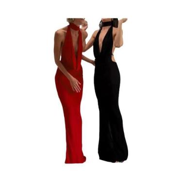 Imagem de Vestido Longo Feminino Sensual Sem Costas, Decote Halter Vazado, Sem M