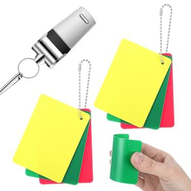 Imagem de WJIAAA 2 conjuntos de cartas de árbitro de futebol com 1 apito, conjunto de cartas de penalidade de futebol universitário, vermelho, amarelo, verde, cartão de aviso de penalidade com corrente para