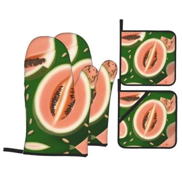 Imagem de Conjunto de luvas de forno estampadas Open Melon Seeds Conjunto de 4 peças adequado para grelhar, cozinhar e assar