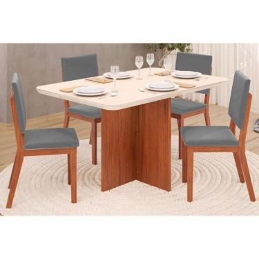 Imagem de Conjunto: Mesa Sala Jantar Hera c/ Tampo Madeirado c/ Vidro Reto 120x90cm e 4 Cadeiras Talia Freijo/Off White - Suede Lunar - DJ Móveis