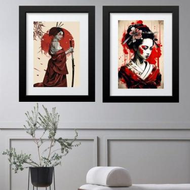 Imagem de Kit 2 Quadros Mulheres Samurai Gueixa - 60X48Cm