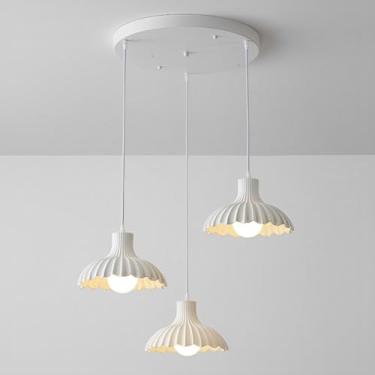Imagem de Lustre moderno branco com 3 lâmpadas E27, luminária pendente tripla em cerâmica plissada, luminária pendente simples para ambientes internos, ideal para sala de jantar, escritório e ilha de