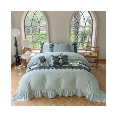 Imagem de x3anggyt5 Jogo de cama vintage chique com babados e laço preto, capa de edredom de 4 peças (azul, tamanho casal 4 peças)