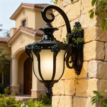 Imagem de Luminária de parede para varanda em estilo campestre europeu, à prova d'água, ideal para áreas externas, perfeita para corredores de bares, com soquete E27 (BD-12-Preto)