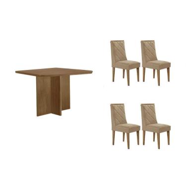 Imagem de Conjunto: Mesa Sala Jantar Berlim Tampo Curvo 90cm+4 Cadeiras Pietá Madeira Naturale - Capuccino/Suede Creme - Rufato