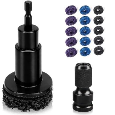 Imagem de Kit de limpeza do cubo da roda - Removedor de poeira de freio com 15 pastilhas abrasivas, suporte de liga de alumínio e adaptador de chave de impacto de 1/5.1 cm, serve para furadeiras elétricas