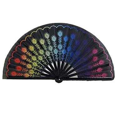 Imagem de Ventilador de mão dobrável para, ventiladores dobráveis, dobra grande de 34 cm 1 peça estampa de arco-íris de ponto preto; ventilador portátil de festival de tecido de nylon para ventilador decorativo