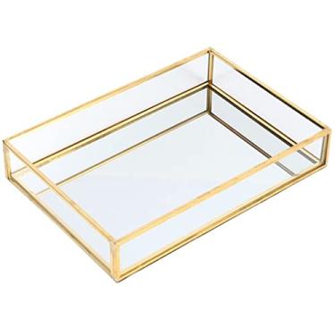 Imagem de THJKUPO Bandeja de armazenamento retrô dourada retangular de vidro organizador de maquiagem bandeja de exibição de joias decoração de cozinha doméstica (25 * 18 * 4,5 cm)