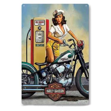 Imagem de Motocicleta retrô Pin-up Girl Harley Davidson de estanho 20x30cm - tai