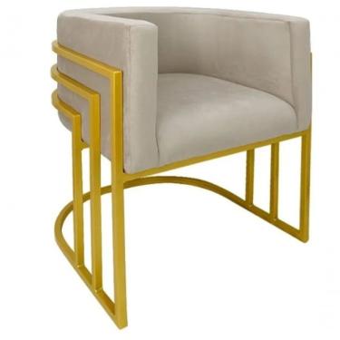Imagem de Kit 02 Cadeiras Poltrona Luxo Base De Metal Tripla Dourado Sala De Jantar Recepção Veludo Bege Do Lar Móveis E Decoração