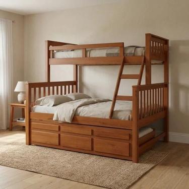 Imagem de Treliche Cama Casal em Madeira Maciça com Cama Auxiliar e 3 Gavetas Ca