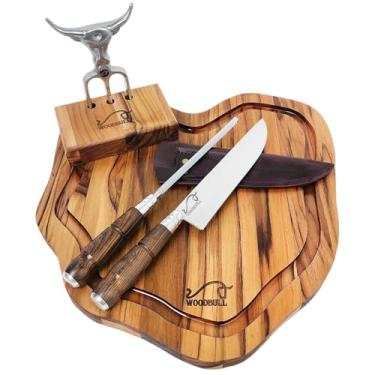 Imagem de Kit Churrasco com Tábua de Corte para Carne, Legumes e Frios, Faca, Chaira e Garfo Tridente Artesanal Origens – WOODBULL.