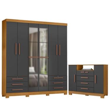 Imagem de Cômoda Madri E Guarda Roupa Casal Londres Com Espelho Carvalho Americano Grafite- Incorplac