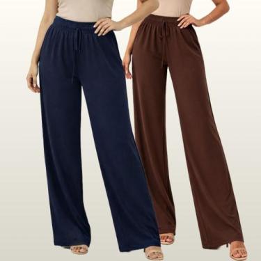 Imagem de Kit 2 Calças Pantalona Feminina Tecido Duna Cintura Alta Com Bolso Con
