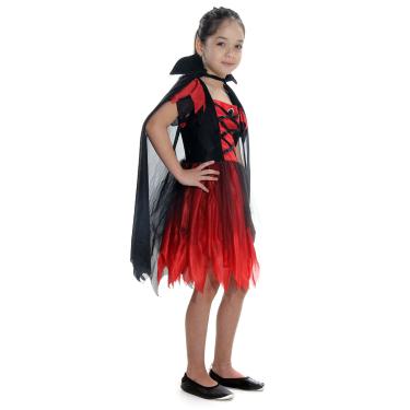 Fantasia Vampira Infantil Luxo Filó com Capa de Halloween