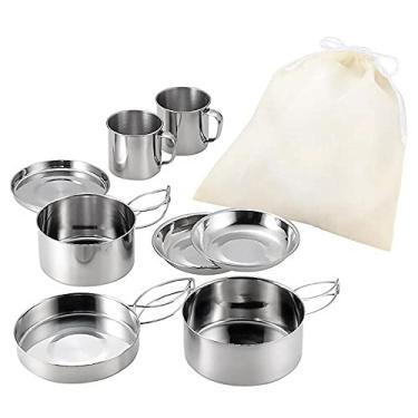 Imagem de GQYYS Conjunto de 8 peças de panelas para ambientes externos, panelas de acampamento com alça dobrável, panela de piquenique de aço inoxidável, conjunto de panelas de acampamento, com bolsa de armazenamento, para 1 a 2 pessoas, piquenique, acampamento, caminhada, mochilão, utensílios de mesa
