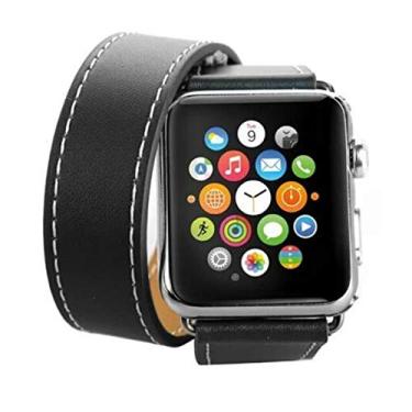 Imagem de Pulseira de Couro Duas Voltas compativel com Apple Watch 41mm 40mm 38mm - Marca LTIMPORTS (Preto)