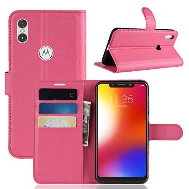 Imagem de Capa ultrafina de couro com textura lichia horizontal para Motorola One (P30 Play), com suporte e compartimentos para cartões e carteira (Preto) Capa traseira para telefone (cor vermelha) rosa)