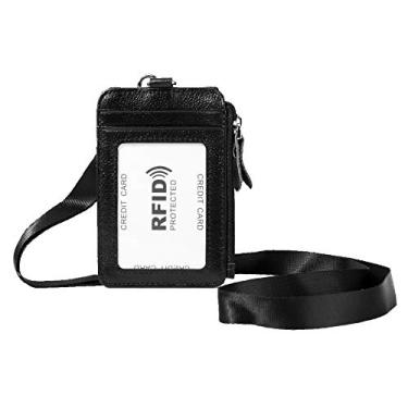 Imagem de Zopsc Suporte de cartão anti-roubo RFID com bloqueio de crachá de identificação de couro de vaca colar de cordão vertical com alças removíveis, compartimento para cartão transparente de alta definição. Preto