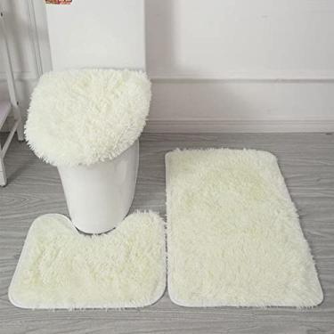Imagem de Conjunto de 3 peças/conjunto de tapetes de banheiro de cor sólida antiderrapantes tapetes de banheiro retangulares em forma de U tapetes de banheiro e kit de tampa de tampa, bege