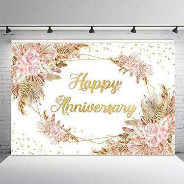 Imagem de MEHOFOND Boho Happy Anniversary Pano de fundo boêmia pampas grama noivado banner casal amor alegria para 1 10 anos 50º casamento decorações de festa de aniversário rosa blush floral fundo de fotografia 7x1,5 m