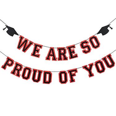 Imagem de Banner We are So Proud of You Glitter vermelho e preto - Proud of You Banner, banner de parabéns vermelho e preto, banner de formatura 2022, decorações de formatura vermelhas e pretas 2022