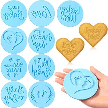 Imagem de 9 peças de chá de bebê Fondant Embosser para bebês meninos Design 3D Carimbo de biscoito azul claro para assar Carimbo de fondant acrílico para chá de bebê Decoração de festa de fondant Topper Bolo de gelo cupcake biscoito de chocolate