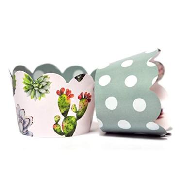 Imagem de Embrulhos de cacto e suculentas para festas de aniversário de crianças, chás de bebê, chás de panela e casamentos. Conjunto de 24 envoltórios reversíveis estilo boêmio, padrão de aquarela para bolinhas