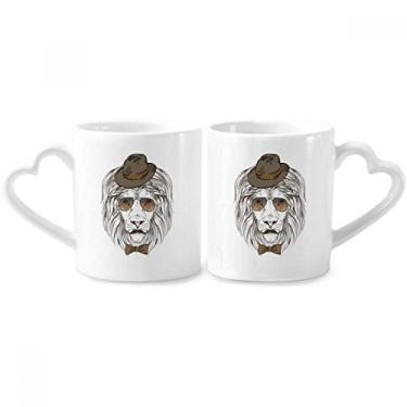 Imagem de Conjunto de canecas de porcelana para casais, chapéu de leão suave estilo britânico, gravata borboleta e coração
