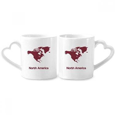 Imagem de Mapa do continente da América do Norte Conjunto de canecas de porcelana para casais, copo de cerâmica com alça de coração