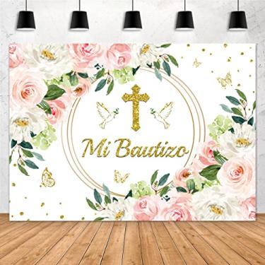 Imagem de Aperturee Fundo de batismo Mi Bautizo 2,1 x 1,5 m God Bless First Holy Comion Batismo Aquarela Rosa Floral Glitter Pontos dourados Borboleta Fotografia Fundo Decoração de festa Foto Estande Adereços