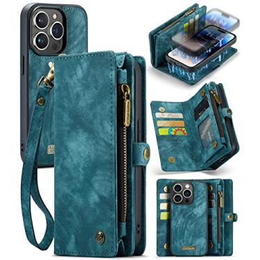 Imagem de ZORSOME Capa carteira para iPhone 14 Pro, 2 em 1 destacável de couro premium PU com 8 compartimentos para cartões, bolsa magnética com zíper, alça de pulso para mulheres, homens, meninas, azul