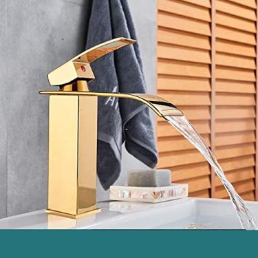 Imagem de Torneira para lavatório preta/cromada, misturador quente e frio, torneira de latão, montagem no convés, alça única, cascata, torneiras de lavagem polidas cromadas, ouro brilhante