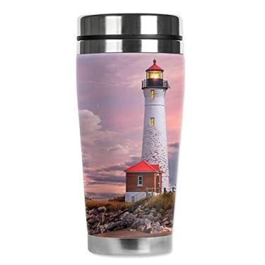 Imagem de Mugzie Caneca de viagem de aço inoxidável "MAX" de 590 ml com capa de roupa de mergulho - Farol de Michigan
