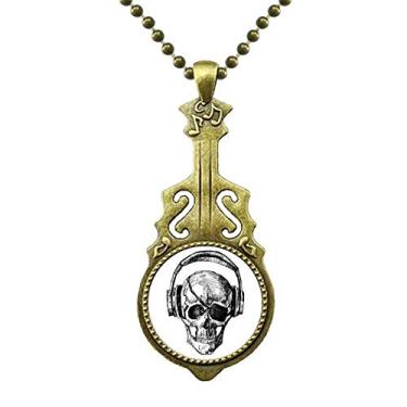 Imagem de DIYthinker Colar de fone de ouvido de caveira com estampa louca de música antiga com pingente de guitarra