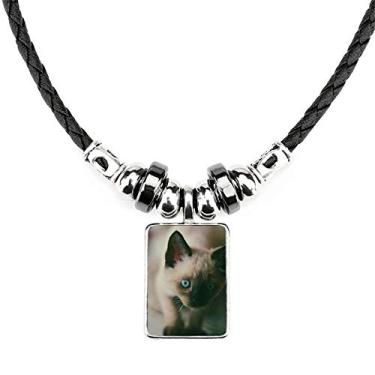 Imagem de DIYthinker Colar de olho azul gatinho cinza fotografia colar joia torque corda de couro pingente