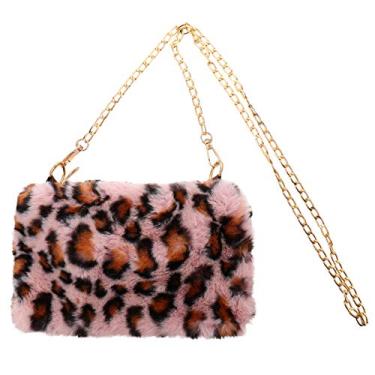 Imagem de Bolsa transversal feminina pequena de sintética, bolsa de mão felpuda de leopardo para noite com alça de corrente, rosa, 23x15x2cm