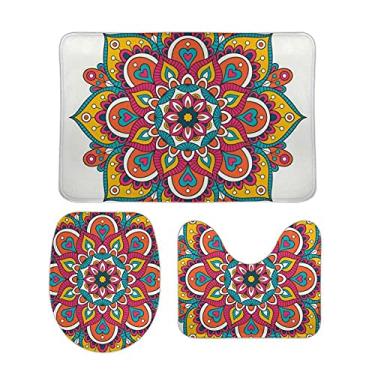 Imagem de Top Carpenter Conjunto de 3 peças de tapete de banheiro antiderrapante com ornamento tribal colorido tapete macio + tampa de vaso sanitário + tapete de banheiro para decoração de banheiro