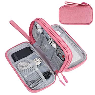 Imagem de FYY organizador eletrônico, bolsa organizadora de cabo de viagem bolsa de acessórios eletrônicos estojo de transporte portátil impermeável de camadas duplas bolsa de armazenamento tudo-em-um para cabo, cabo, carregador, telefone, fone de ouvido rosa