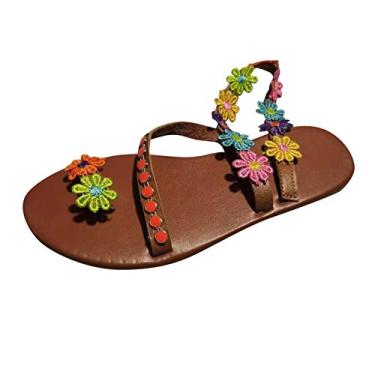 Imagem de Sandálias para mulheres meninas respiráveis moda estampa floral sandálias dedo do pé redondo verão feminino (laranja, 36-37)