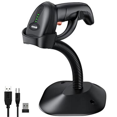 Imagem de Symcode Scanner de código de barras portátil sem fio versátil 2 em 1 (2,4 GHz sem fio + USB 2.0 com fio), distância de transmissão de 10 m, recarregável, leitor de código de barras automático a laser 1D (preto)