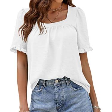 Imagem de Camiseta feminina de manga curta, blusas casuais de verão manga com babados tops pulôver, branca, M (busto: 102 cm)