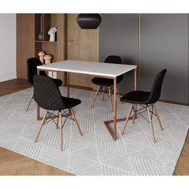 Imagem de Mesa Jantar Industrial Retangular Branca 120x75 Base V Cobre com 4 Cadeiras Estofadas Pretas Madeira