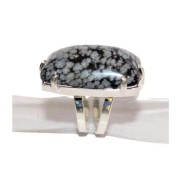 Imagem de Anel Retangular Obsidiana Flocos de Neve Natural Prateado